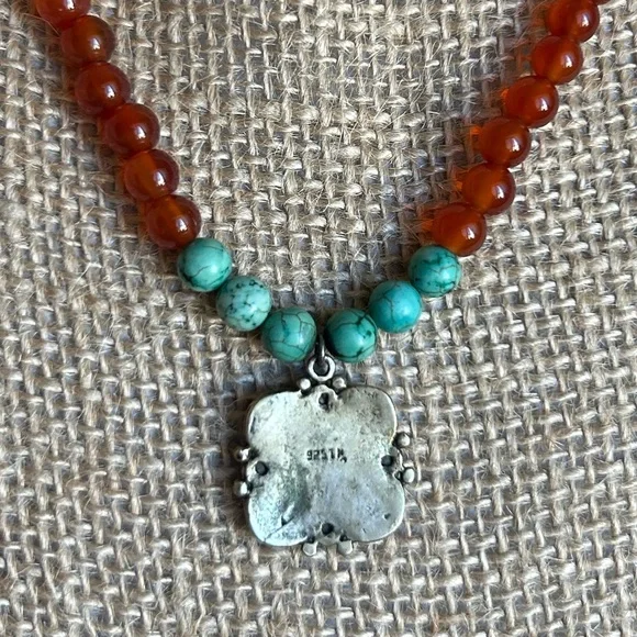 Sterling Silver Cross pendant with Turquoise and Cornelian beads - Picture 7 of 11